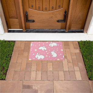 Cute Pink Kawaii Bunny Doodle Doormat