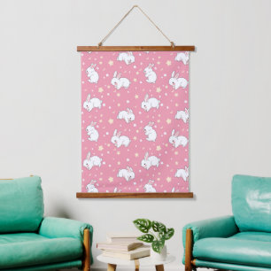 Cute Pink Kawaii Bunny Doodle Hanging Tapestry
