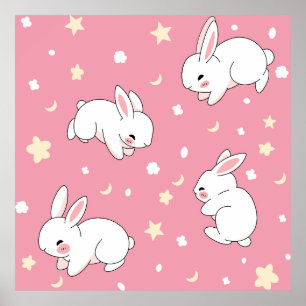 Cute Pink Kawaii Bunny Doodle Poster