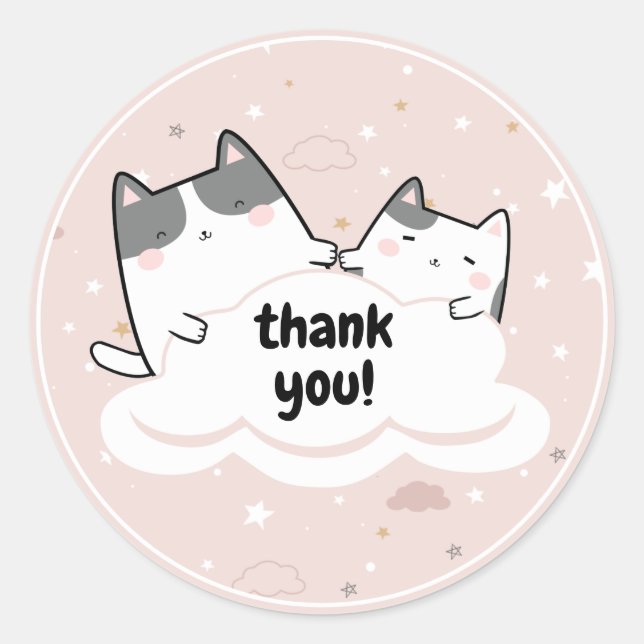 Cute Pink Kawaii Cat Sparkle Thank You Clouds Classic Round Sticker (Front)