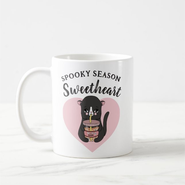 Cute Pink Kawaii Cat Spooky Season Sweetheart  Coffee Mug (Left)