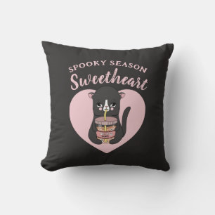 Cute Pink Kawaii Cat Spooky Season Sweetheart Cushion