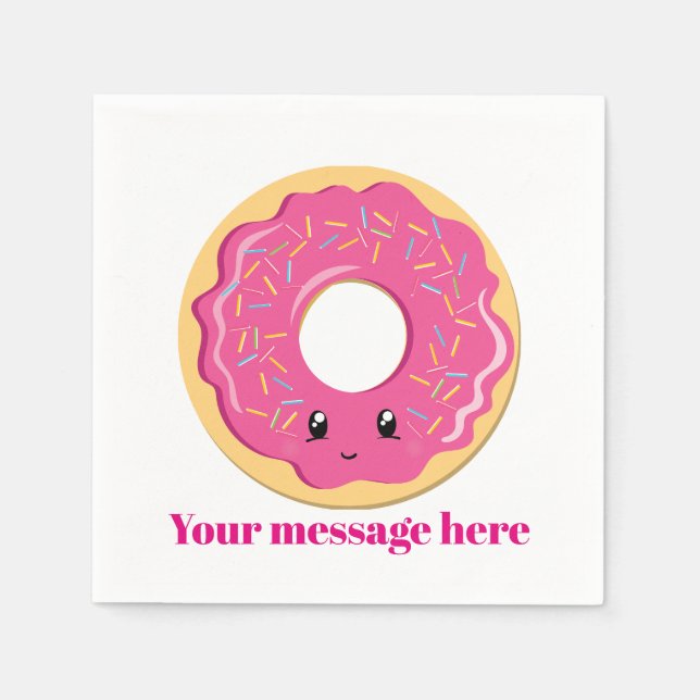 Cute pink Kawaii doughnut add message party napkin (Front)