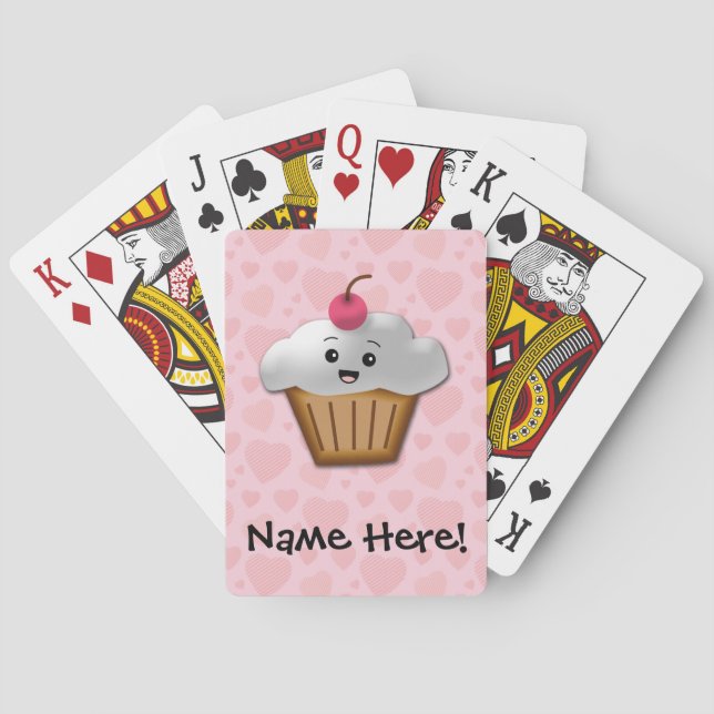 Cute Pink Kawaii Happy Face Cupcake Girls Playing Cards (Back)