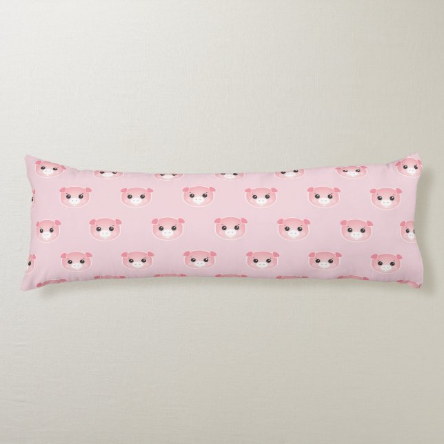 Cute Pink Kawaii Pig Illustration Body Cushion (Front)