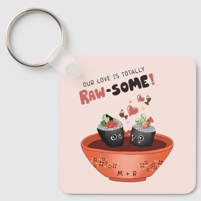 Cute Pink Kawaii Sushi in Love Valentine's Day Key Ring (Front)