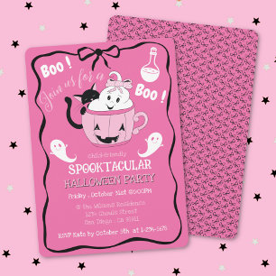 Cute Pink Kid Halloween Invitation with Black Bow