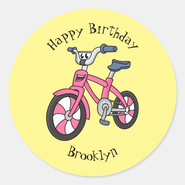 Cute pink kids bicycle cartoon illustration  classic round sticker (Front)