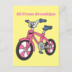 Cute pink kids bicycle cartoon illustration postcard