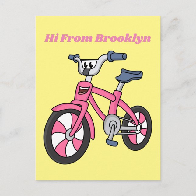 Cute pink kids bicycle cartoon illustration postcard (Front)