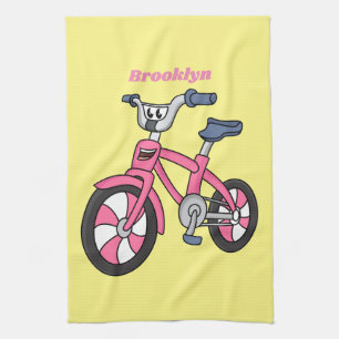 Cute pink kids bicycle cartoon illustration tea towel