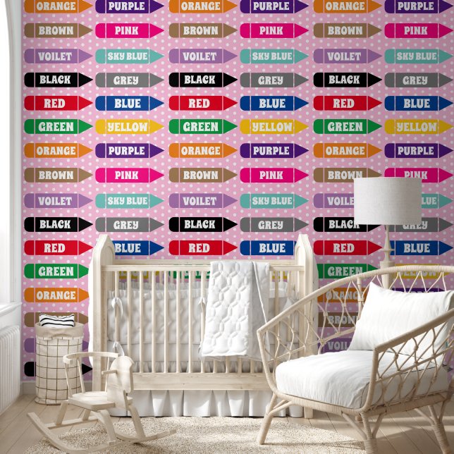 Cute Pink Kids Colours Learning Repeat Pattern Wallpaper (Kids)