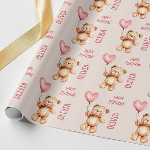 Cute Pink Kids Name Watercolor Bear Happy Birthday Wrapping Paper