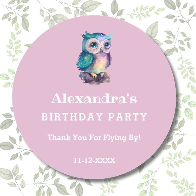 Cute Pink Kids Owl Birthday Thank You   Classic Round Sticker (Creator Uploaded)