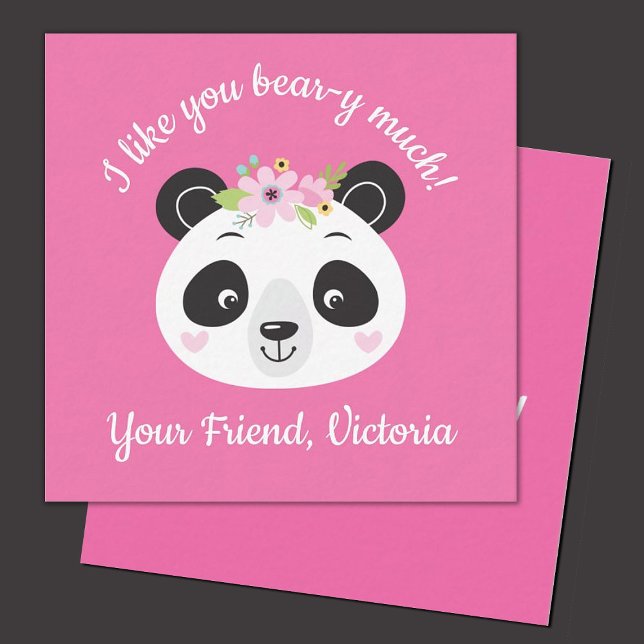 Cute Pink Kids Panda Classroom Valentines Day Card (Cute panda valentine.  perfect for a kids classroom exchange. personalize it with your kids name.)