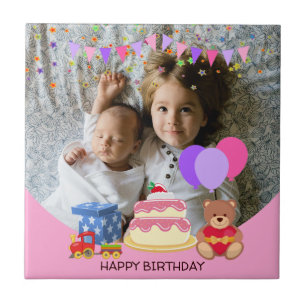 Cute Pink Kids Toys Birthday Celebration Photo Ceramic Tile