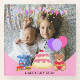 Cute Pink Kids Toys Birthday Celebration Photo Glass Coaster