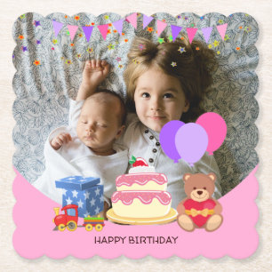 Cute Pink Kids Toys Birthday Celebration Photo Paper Coaster