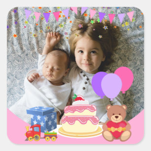 Cute Pink Kids Toys Birthday Celebration Photo Square Sticker