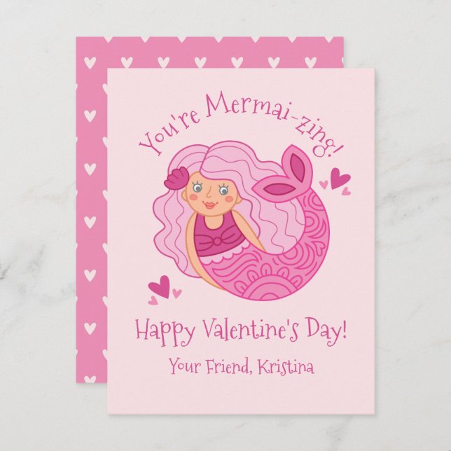 Cute Pink Kids Valentine Mermaid Card (Front/Back)