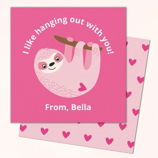 Cute Pink Kids Valentine  Note Card (Cute mini 2.5x2.5" pink sloth valentine, perfect for a kids classroom exchange)