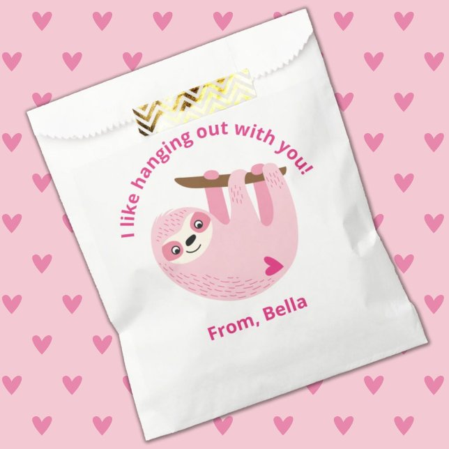 Cute Pink Kids Valentine School Classroom Favour Bag (A cute pink sloth Valentine's Day Favor Bag. So fun for A school valentine exchange!)