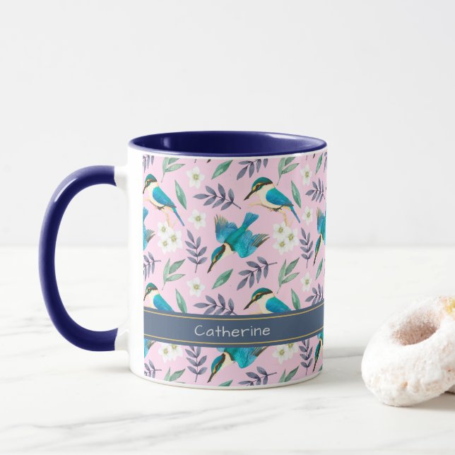 Cute Pink Kingfisher Birds Floral Pattern Name Mug (With Donut)