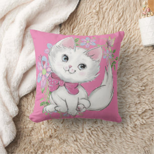Cute Pink Kitten and Flowers Girls Cushion