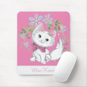 Cute Pink Kitten and Flowers Girl's Mouse Pad