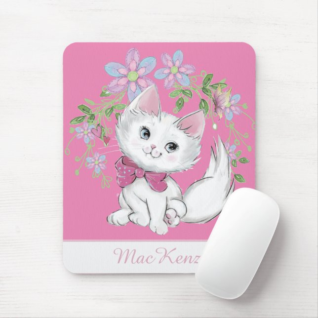Cute Pink Kitten and Flowers Girl's  Mouse Pad (With Mouse)