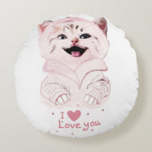 Cute Pink Kitten "I Love You" Round Pillow
