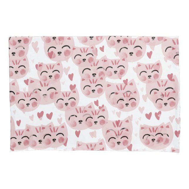 Cute Pink Kittens and Hearts Pattern for Kids Pillowcase (Front)