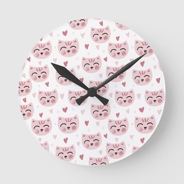 Cute Pink Kittens and Hearts Pattern for Kids Round Clock (Front)