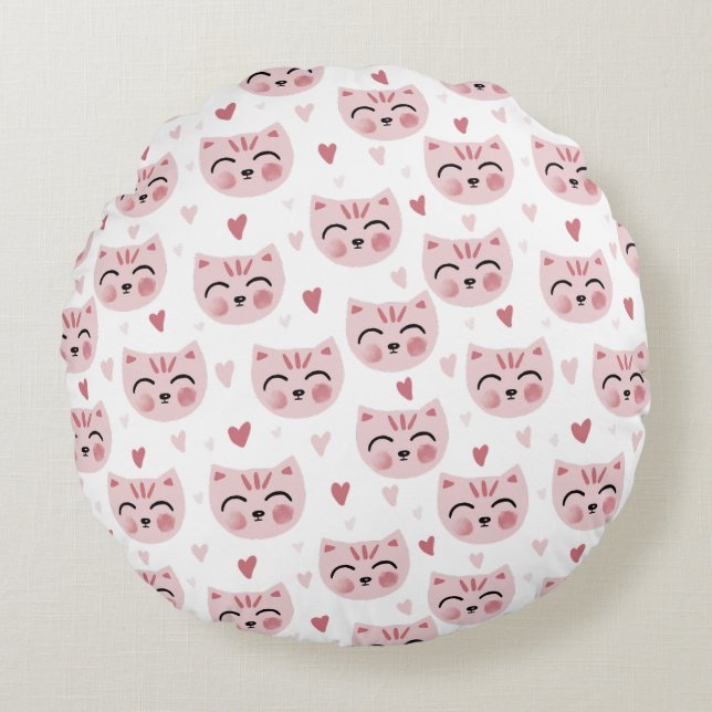 Cute Pink Kittens and Hearts Pattern for Kids Round Cushion (Front)