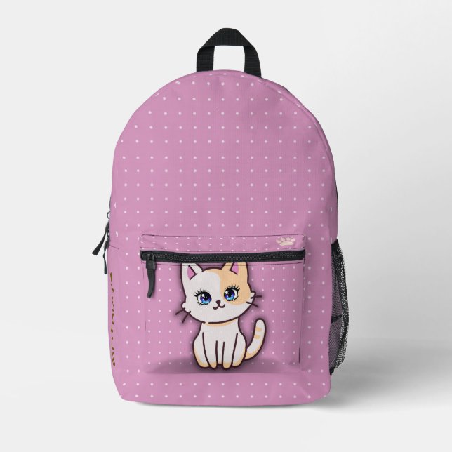 Cute Pink Kitty Cat Cute Personalised Name Spiral Printed Backpack (Front)