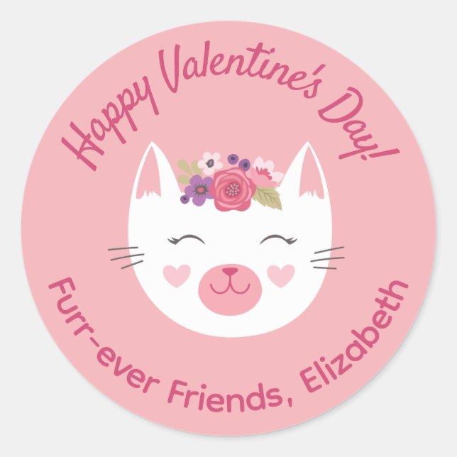 Cute Pink Kitty Cat Kids Valentines Day Classroom Classic Round Sticker (Front)