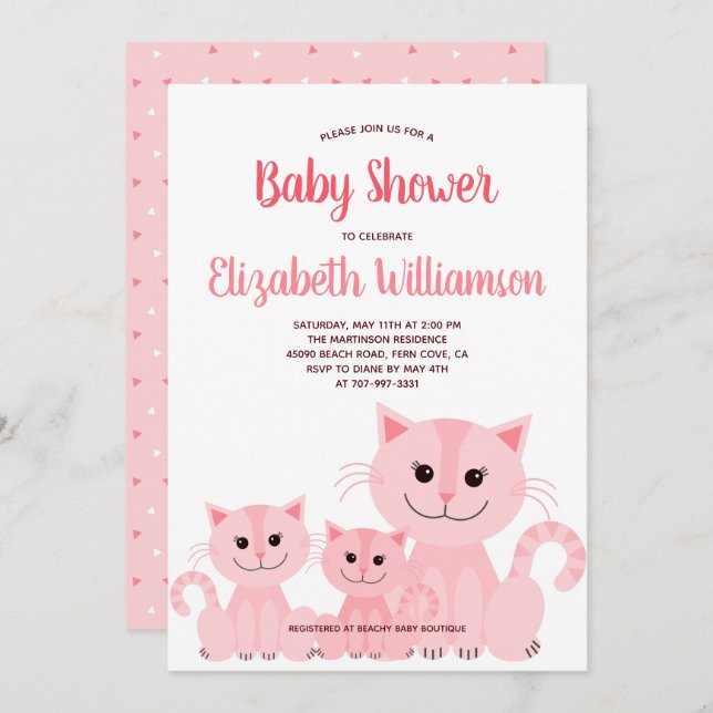 Cute Pink Kitty Cat Kitten Girl Modern Baby Shower Invitation (Front/Back)