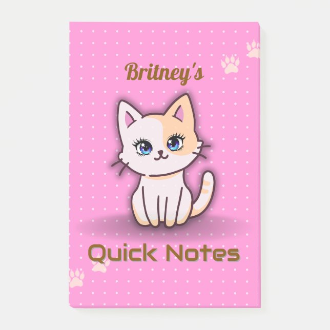 Cute Pink Kitty Cat Personalised Name Post-it Notes (Front)