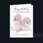Cute Pink Kitty Cat Twin Girls Birthday Card<br><div class="desc">Cute birthday card for twin girls featuring an illustration of two cats with a pink heart in the background. The text above says "Happy Birthday to very special twins." Customise this product by adding the girls' names at the bottom. The editable message inside says "Double the trouble, double the laughter...</div>