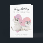 Cute Pink Kitty Cat Twin Girls Birthday Card<br><div class="desc">Cute birthday card for twin girls featuring an illustration of two cats with a pink heart in the background. The text above says "Happy Birthday to very special twins." Customise this product by adding the girls' names at the bottom. The editable message inside says "Double the trouble, double the laughter...</div>