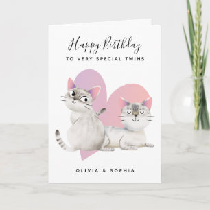 Cute Pink Kitty Cat Twin Girls Birthday Card