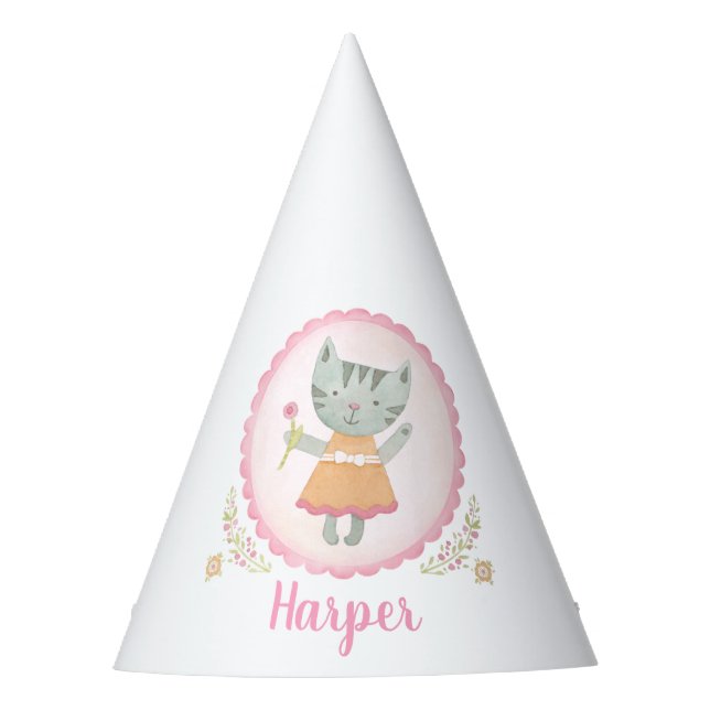 Cute Pink Kitty Personalised Party Hat (Front)