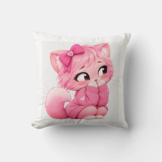 Cute Pink Kitty Pillow, Kawaii Cat With Bow Throw  Cushion