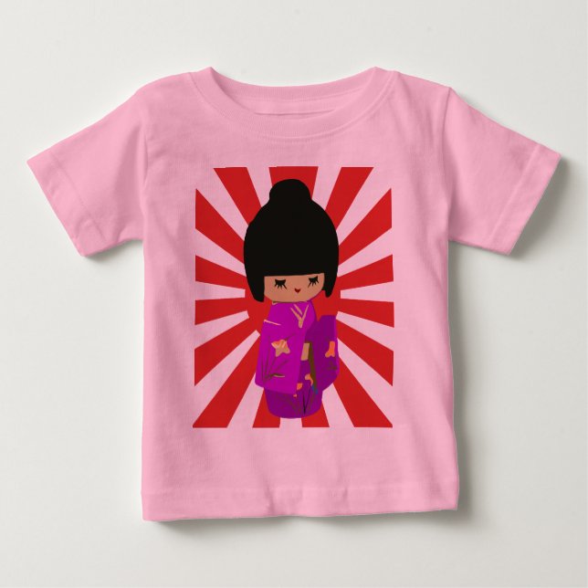 Cute Pink  Kokeshi Doll on rising sun Baby T-Shirt (Front)