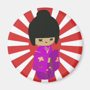 Cute Pink Kokeshi Doll on rising sun Magnet