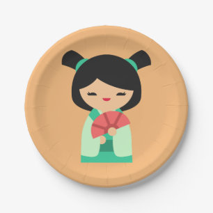 Cute pink Kokeshi Japanese dolls Paper Plate