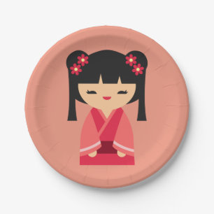 Cute pink Kokeshi Japanese dolls Paper Plate