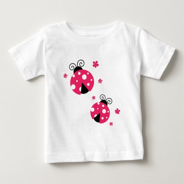 Cute Pink Labybirds and Flowers Baby T-Shirt (Front)