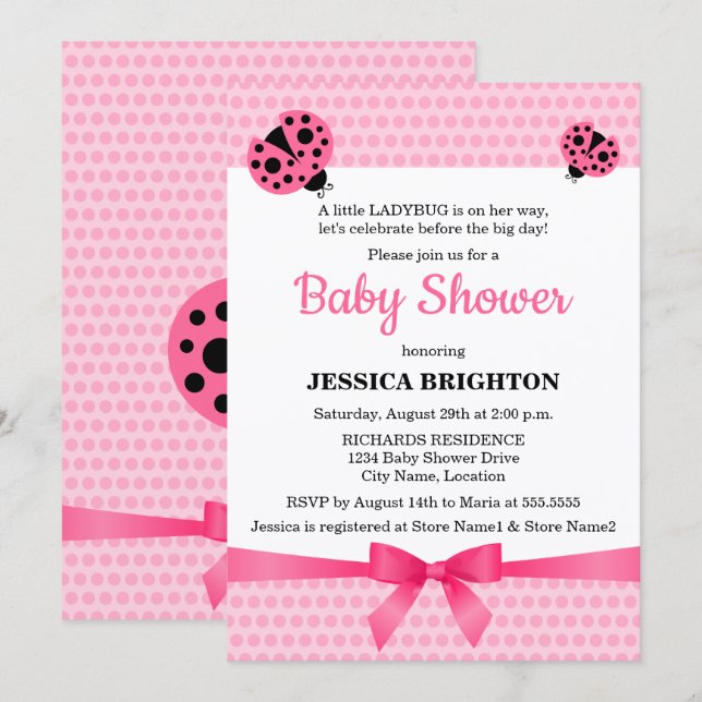 Cute Pink Ladybug Baby Shower Invitation (Front/Back)