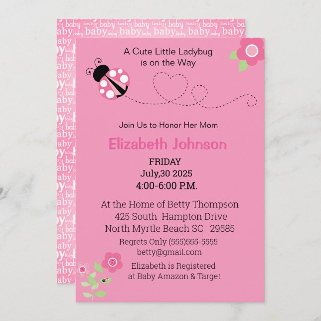 Cute Pink Ladybug Floral Baby Shower Invitation (Front/Back)